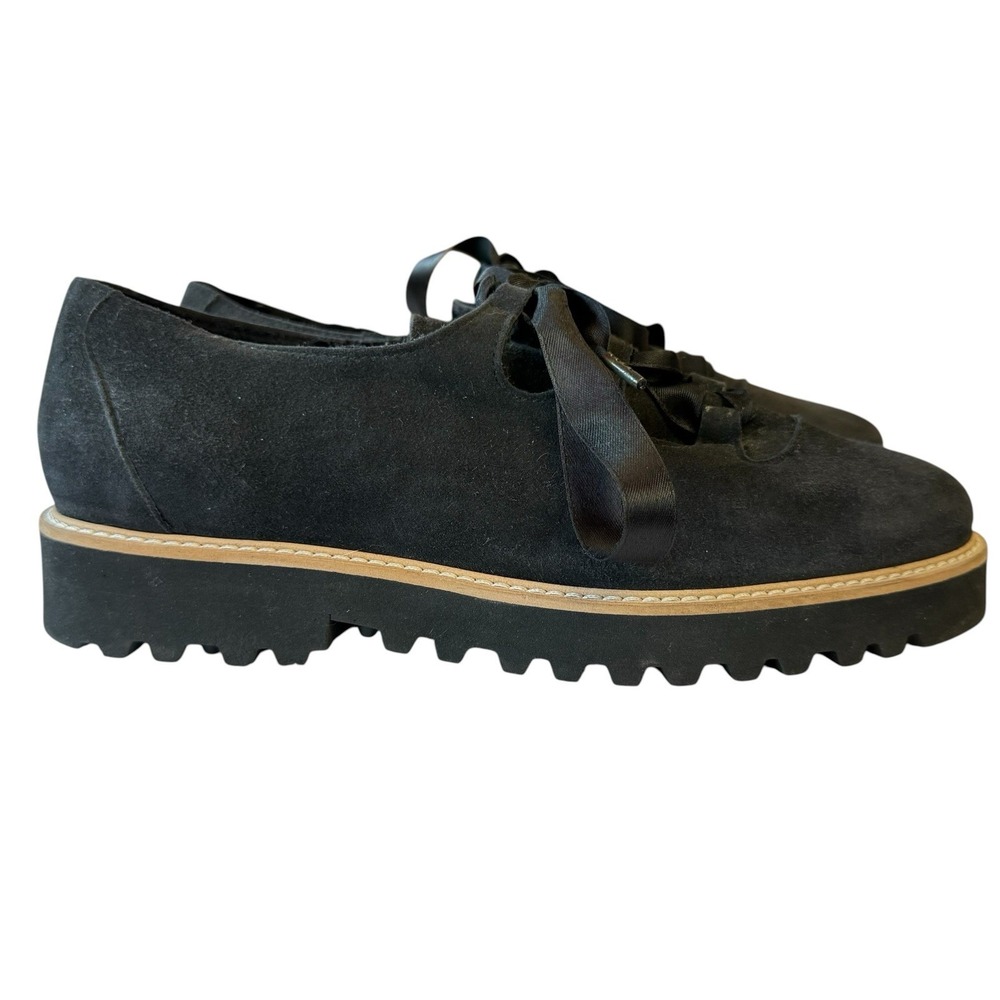 RON WHITE Daisy Oxford Shoes Women EU 37.5 US 7 Black Suede Ribbon Lace Lug Sole